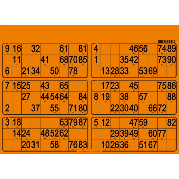 84 Hard 90 ball bingo cards - 6 grids